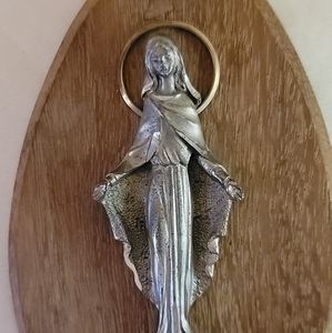Vintage Virgin Mary "miraculous medal" 1830 3d pewter statue on wooden plaque